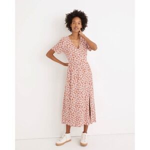 Madewell Daisy Floral‎ Midi Dress Red White Short Sleeve V-Neck Pockets XS NA239